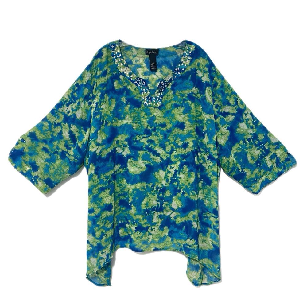 Maggie Barnes Tunic Top 3X 26-28W Semi Sheer Green Blue Embellished Relaxed